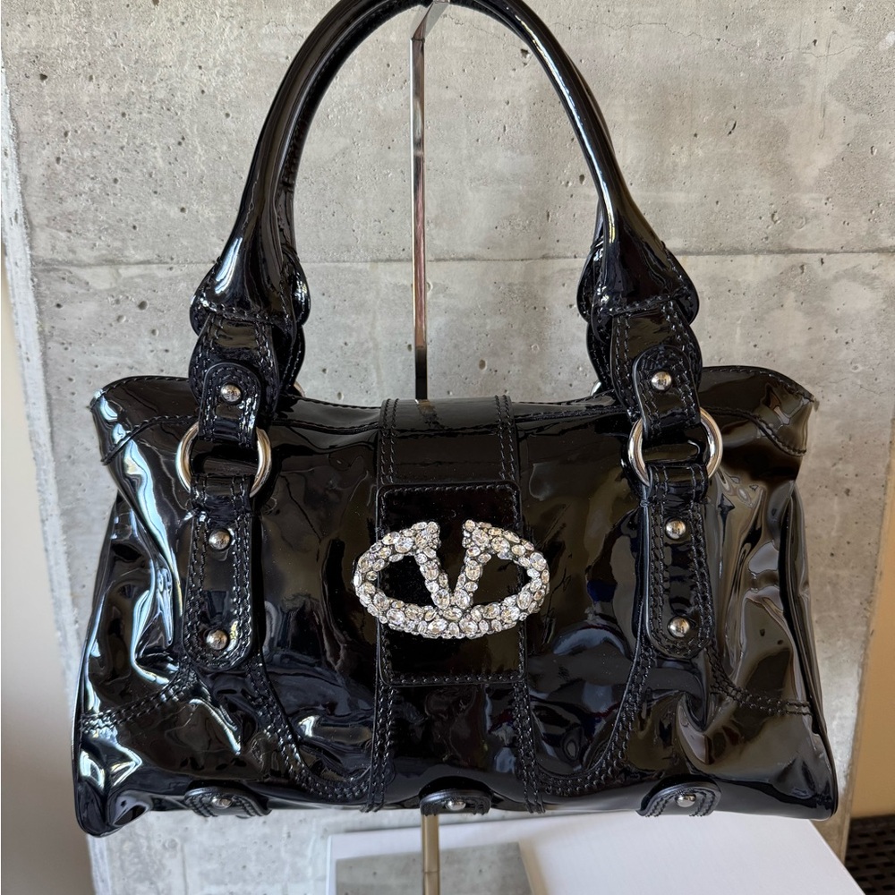 Valentino Black Patent Leather Handbag with Rhinestone Accent